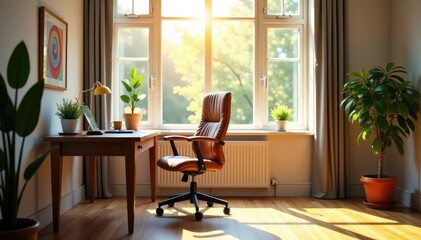 Empty chair at desk facing window, sunlit room , home office, interior, bright