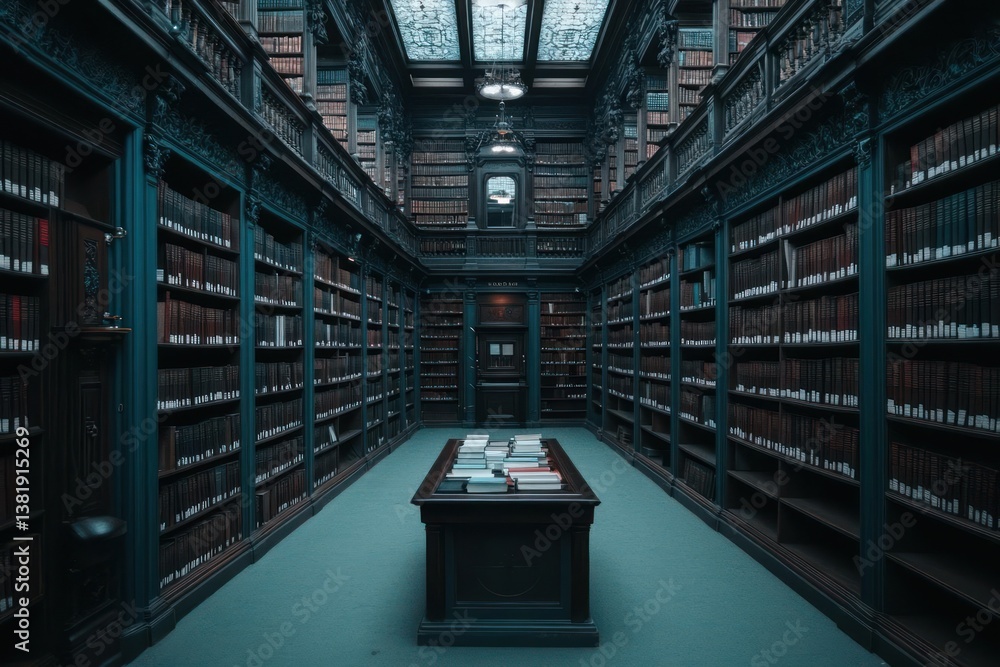 Poster Ornate library interior with rows of bookshelves filled with books a central reading table and subdued lighting evoking a sense of knowledge and history