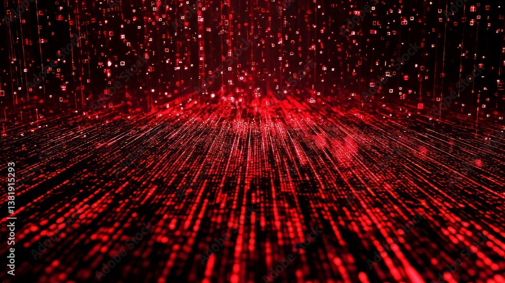 Poster abstract red matrix: a dynamic display of digital rain and geometric shapes creates an immersive exp