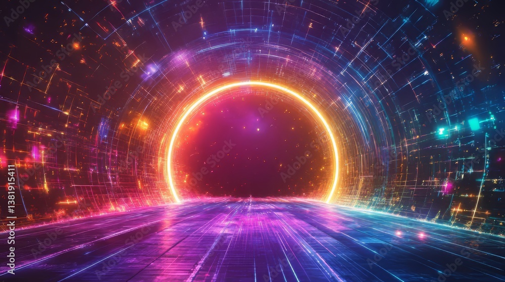 Poster digital tunnel with a glowing portal effect. the path is lined with blue and pink light beams.