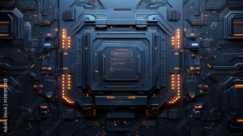 Poster detailed macro shot showcases an advanced computer circuit board with glowing elements, symbolizing 