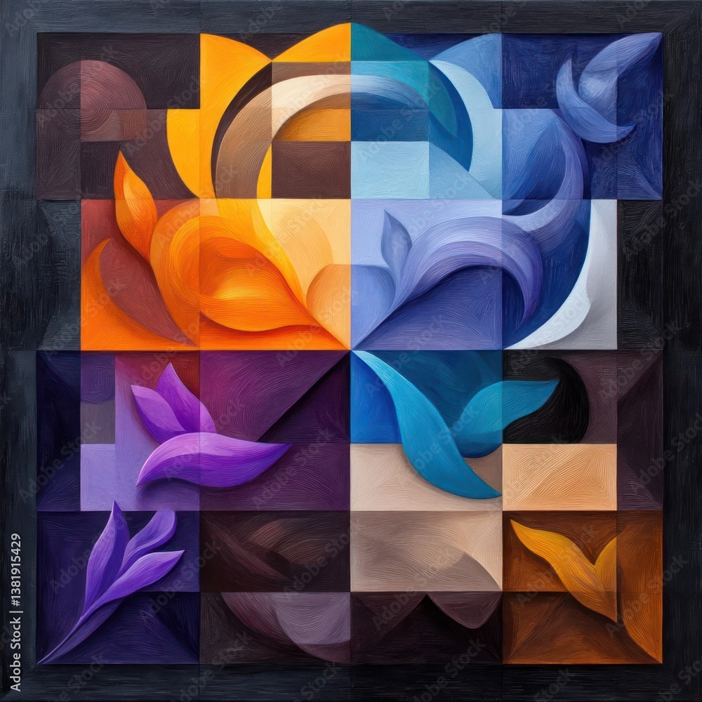 Aufkleber Abstract geometric composition featuring stylized floral elements divided into quadrants with color variations, framed with dark border and texture