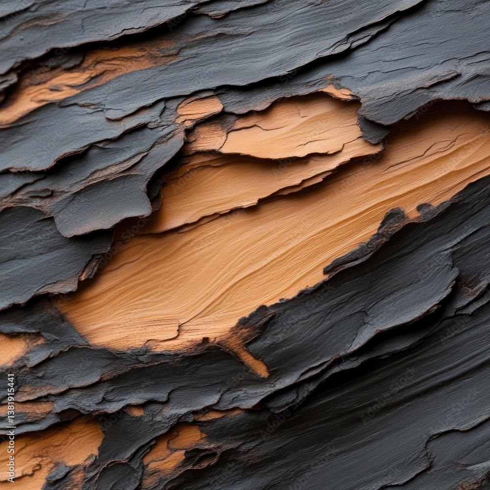 Poster close up image of textured wood shows black and brown peeling bark revealing detailed patterns and t