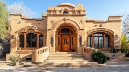 Exterior view of a stucco building with a grand staircase and intricate details on a sunny day