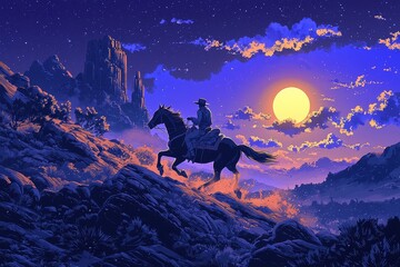 Lone cowboy riding at sunset in dramatic mountain landscape