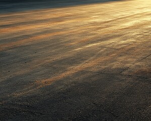 Fototapeta premium Morning light blankets a runway stretching toward horizon, radiant sun rising over quiet terminal, casting shadows and golden reflections on smooth tarmac