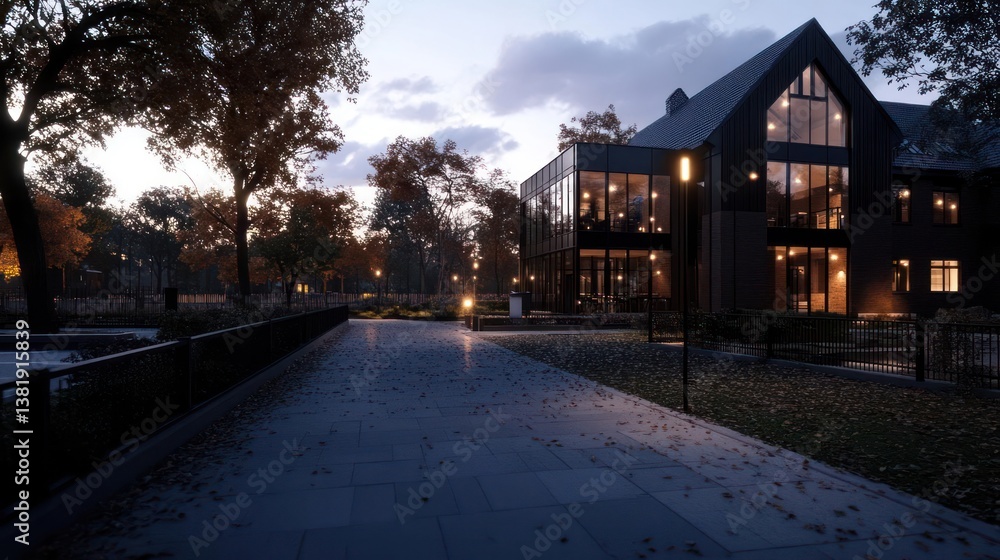 Poster Evening urban scene with illuminated building and trees. A pathway leads toward a modern structure with glowing windows under a twilight sky. Fallen leaves on the ground add autumnal ambiance