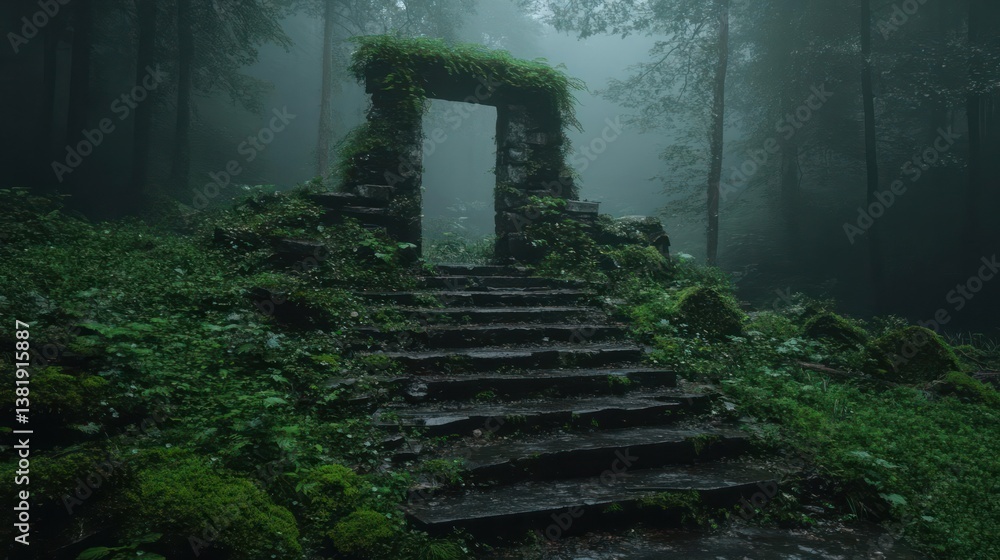 Aufkleber stone archway leading to a magical portal or doorway in a lush green forest with stone steps and moo