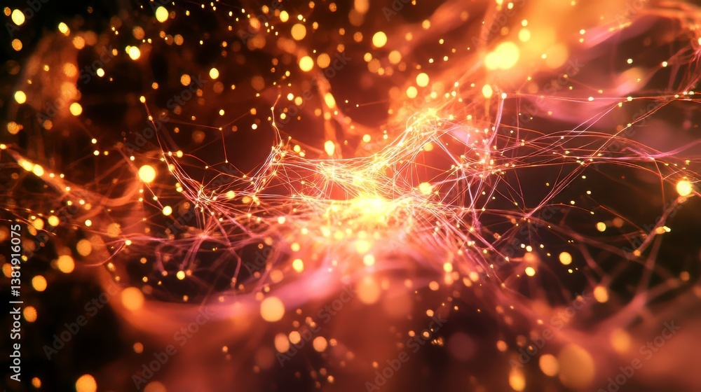 Poster glowing abstract network of light particles and lines, creating a futuristic, energy-filled atmosphe