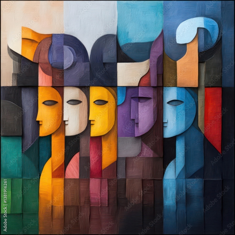 Poster abstract artwork featuring stylized human faces and geometric shapes in a mosaic design. the color p