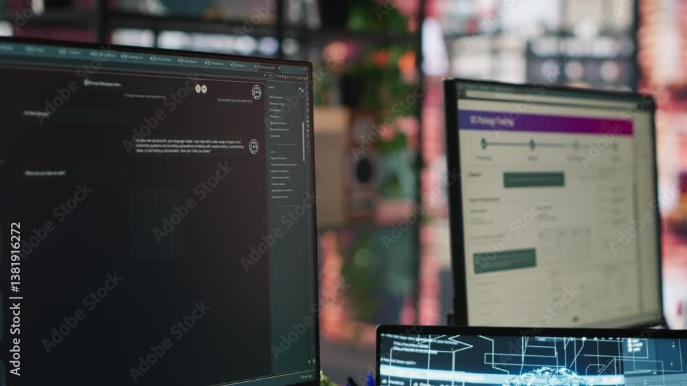 Poster closeup of call center staff member uses artificial intelligence chatbot to provide support to custo