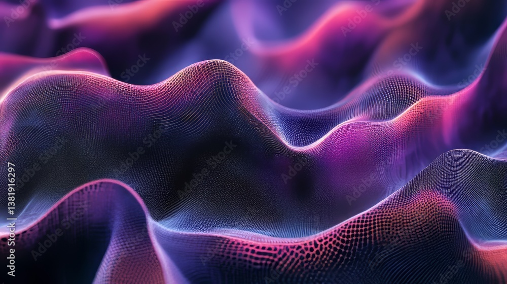 Poster abstract waves of data points illuminated with a gradient of purple, pink, and blue light. modern an
