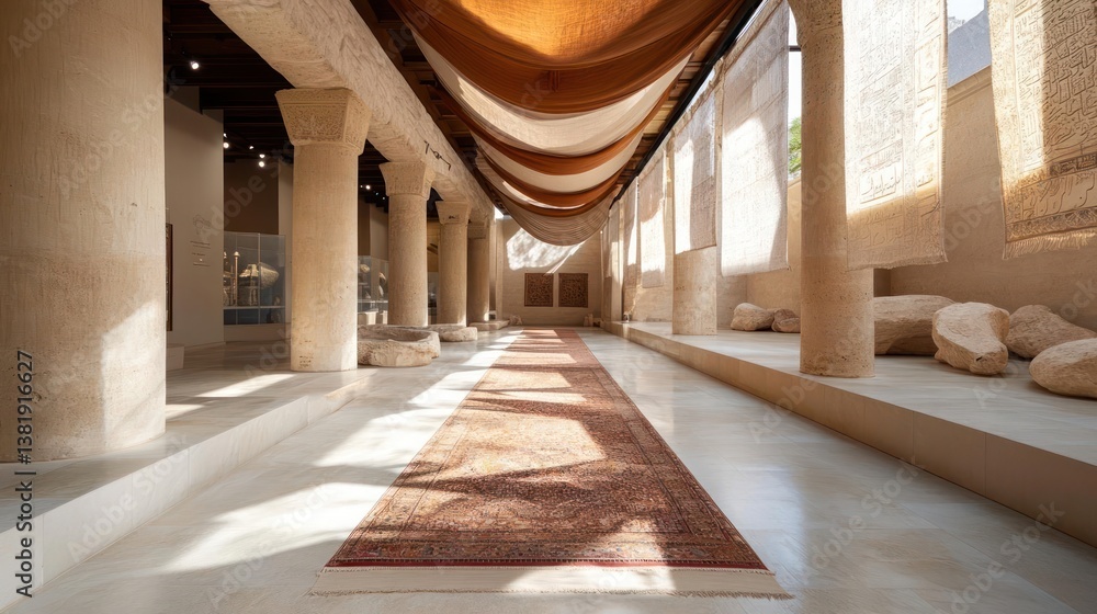 Poster long hallway perspective with stone pillars and textured walls featuring hanging fabric art and a pa