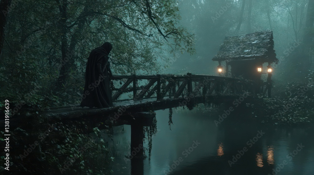 Poster dark scene of a figure on a wooden bridge leading to a small house over water in a misty forest. the