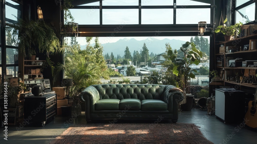 Aufkleber interior view with green leather sofa plants shelving and an open view of mountains and greenery cre