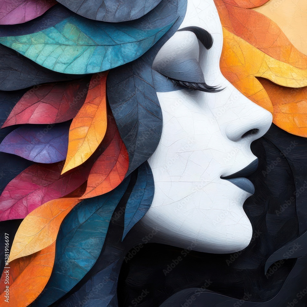 Poster profile portrait of a woman's face with closed eyes surrounded by colorful abstract leaves with a da