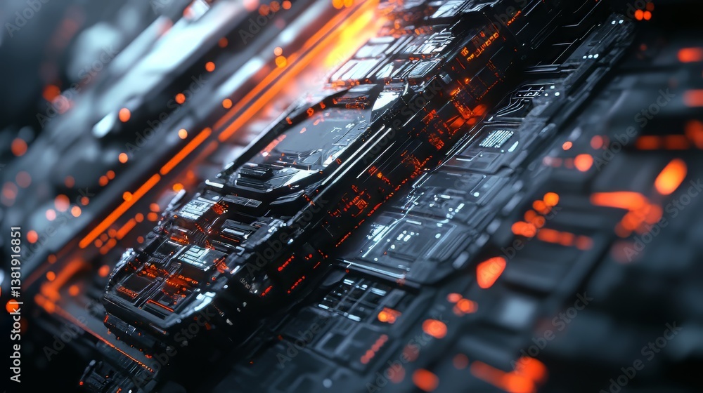 Poster futuristic electronic circuit board with red and silver details, creating an intricate and detailed 