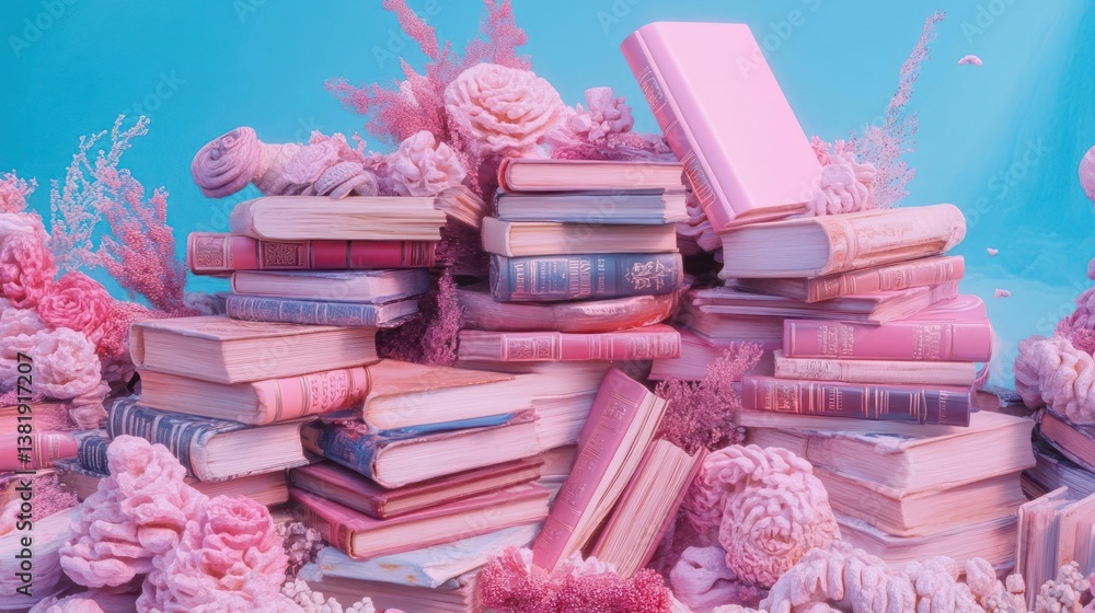 Poster digitally rendered pink flowers books and electronic device on a teal background creating an aesthet