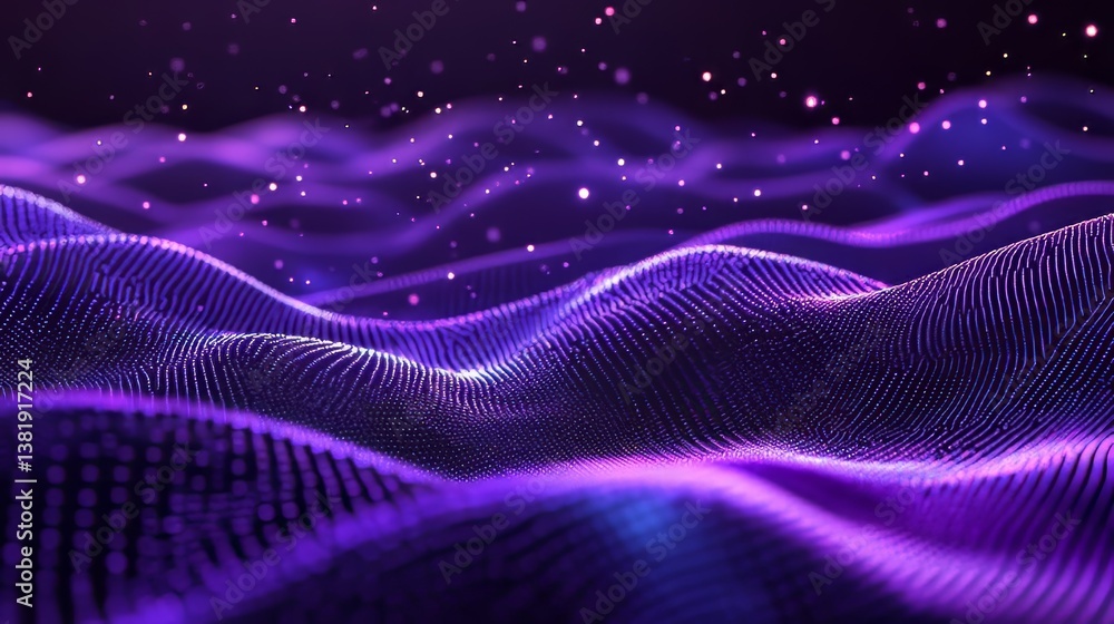 Poster abstract purple waves flow with glowing particles, creating a dreamy and futuristic landscape effect