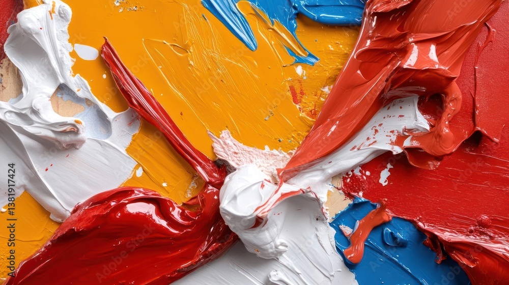 Poster Abstract artwork with vibrant colors texture and expressive brushstrokes displaying a chaotic yet captivating display of color on canvas reflecting a high angle view