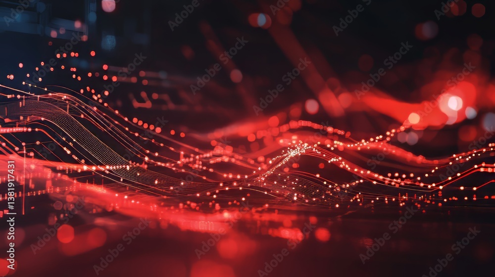 Poster abstract data streams in red hues with connecting points illustrate digital connectivity and informa