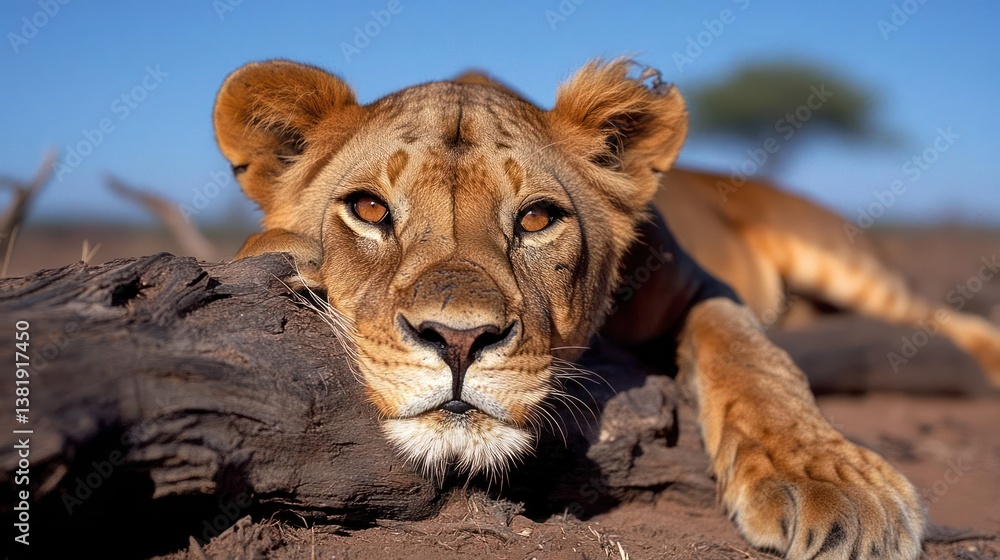 Poster close up portrait of a feline resting on a log in a dry landscape under a clear blue sky