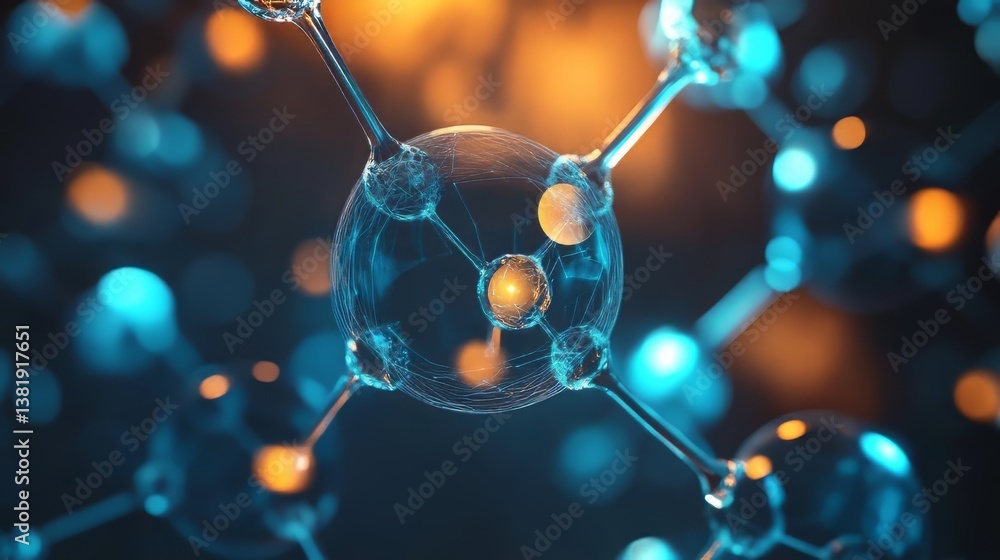 Poster molecular structure with interconnected atoms, creating a sense of scientific research and innovatio