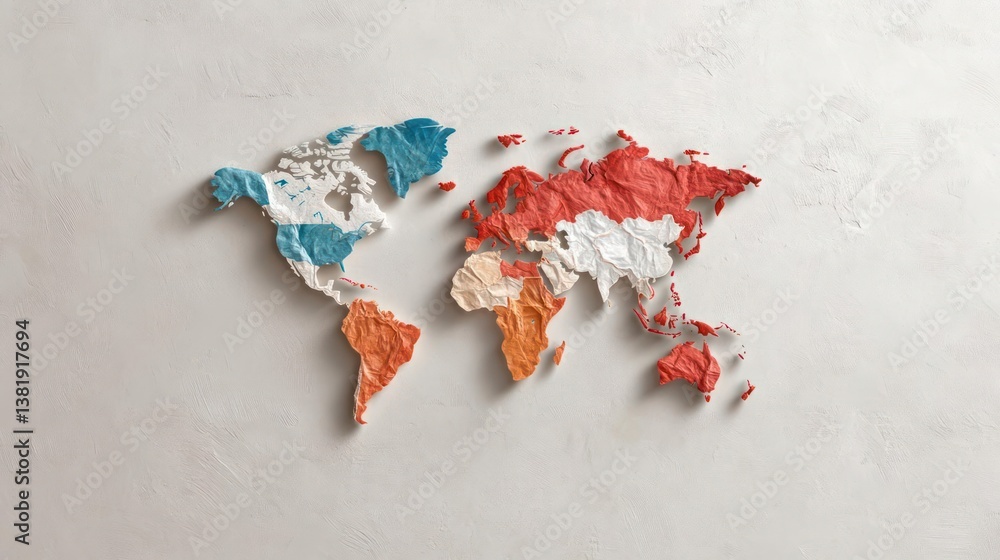 Poster Abstract world map with textured effect showcasing various continents in vibrant orange blue and red tones set against a neutral surface