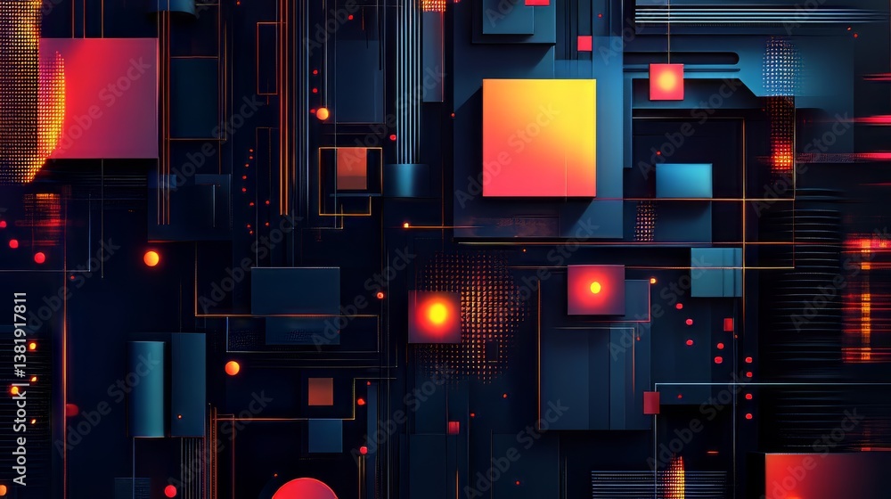 Poster abstract tech composition with geometric shapes and dynamic lighting, creating futuristic vibe.