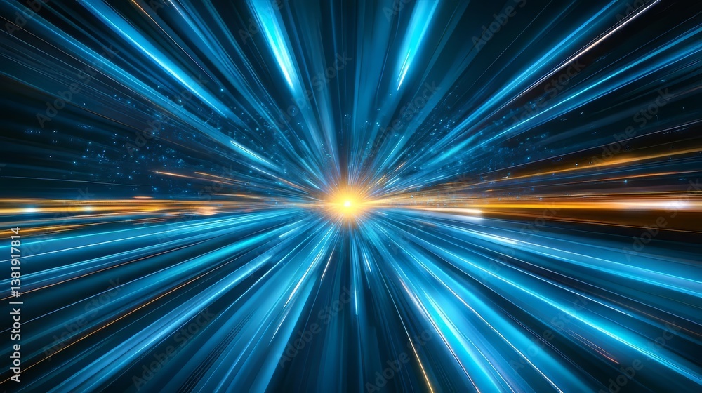 Poster streaks of light converge towards a central point, creating an illusion of high speed and innovation