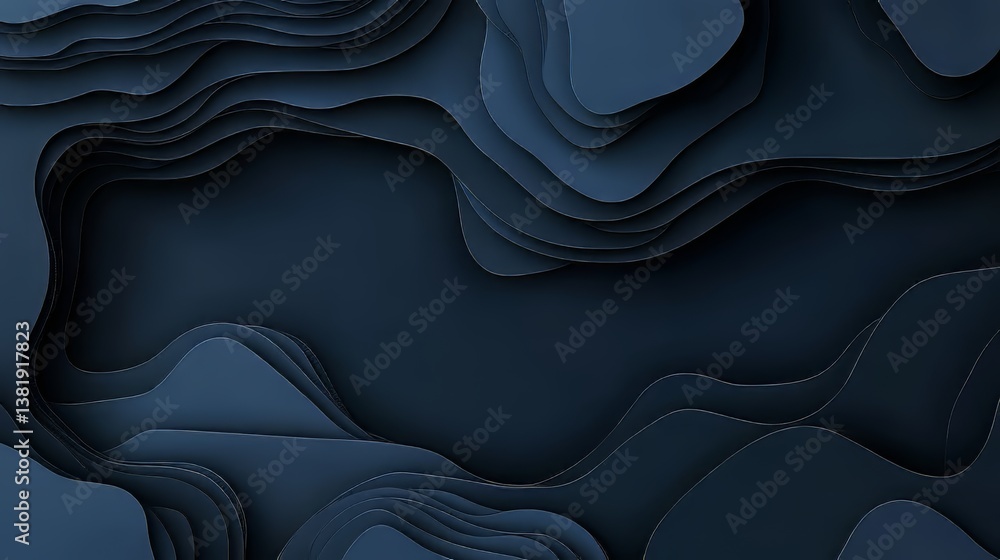 Poster dark blue paper cut layers creating an abstract topographic map-like design with wavy depth and text
