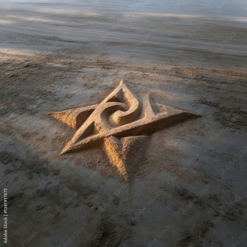 Poster Sand sculpture of a star-shaped emblem with intricate spiral design under soft sunlight and subtle shadow play on sand grains conveying texture