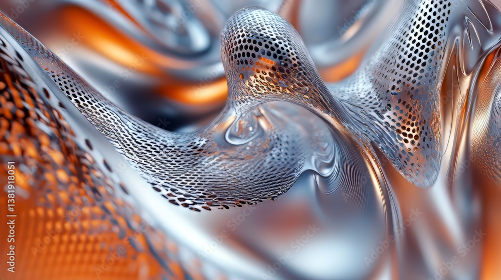 Poster abstract metallic net structure over luminous background. digital art with flowing organic forms.