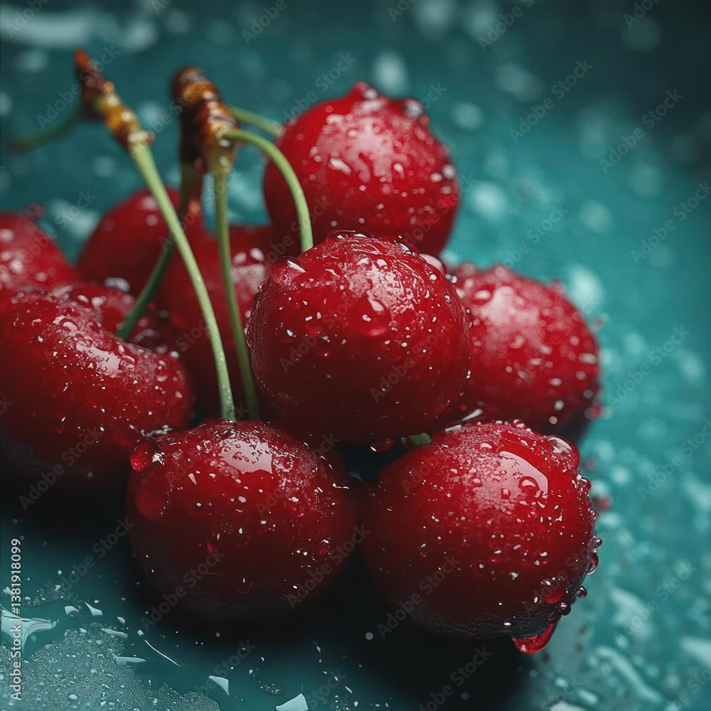 Poster close-up of ripe red [fruit] with water droplets arranged on a [color] plate with glossy reflections