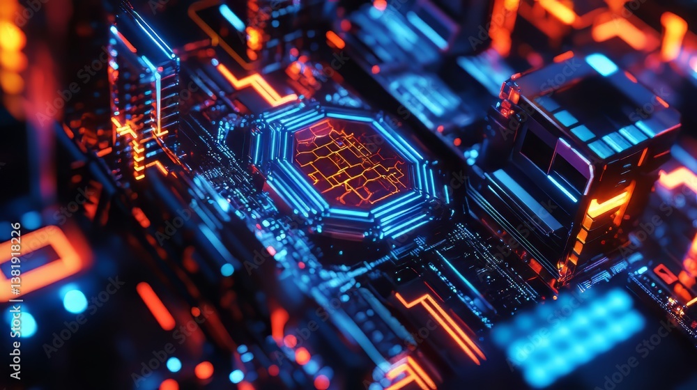 Poster cybernetic circuitry: intricate network of glowing blue and orange lines on a technological core.