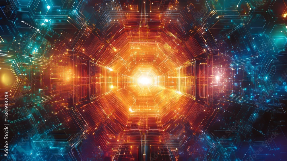 Poster abstract technological corridor with glowing lines and hexagonal shapes converging towards a bright 