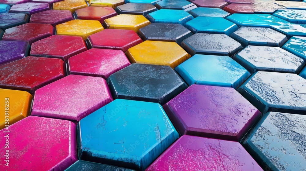 Poster colorful honeycomb tiles texture creating vibrant and eye-catching background pattern. hexagonal sha