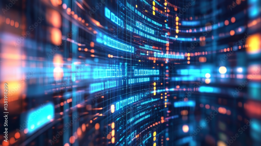 Poster abstract digital data stream with blue lines and orange bokeh. technology network background design.