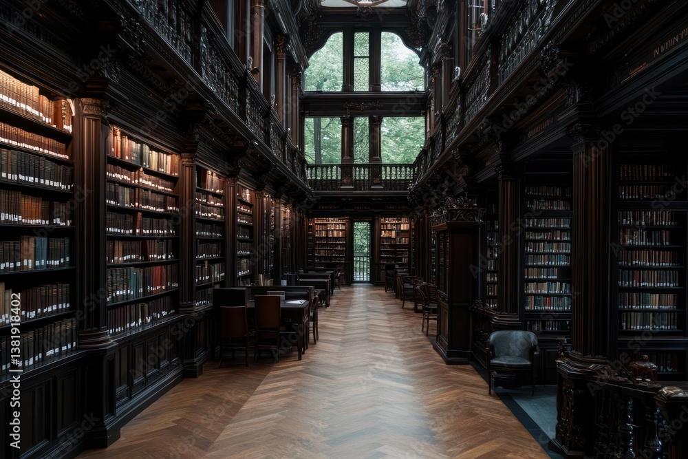 Poster grand wooden library interior with rows of bookshelves wooden tables and chairs natural light from l