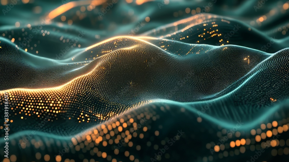 Poster abstract digital landscape with glowing particles forming a wave-like pattern in blue and gold tones