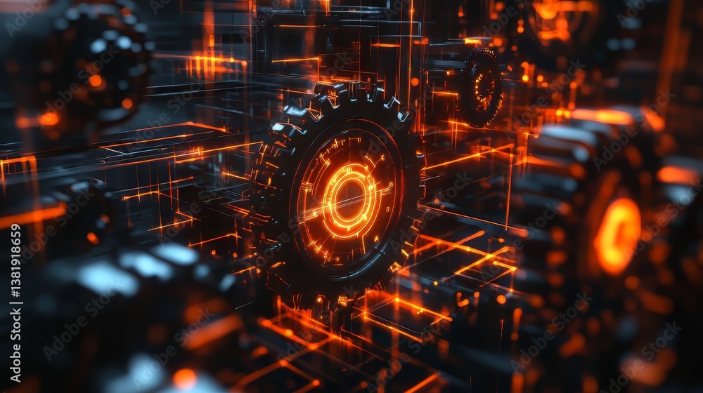 Poster futuristic gears illuminate a complex, glowing network. technological advancement represented in abs