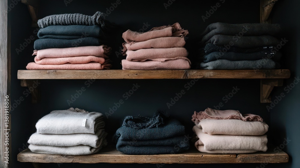 Poster Stacked colorful sequined fabrics on wooden shelves against a dark teal wall creating a visually appealing and textured display