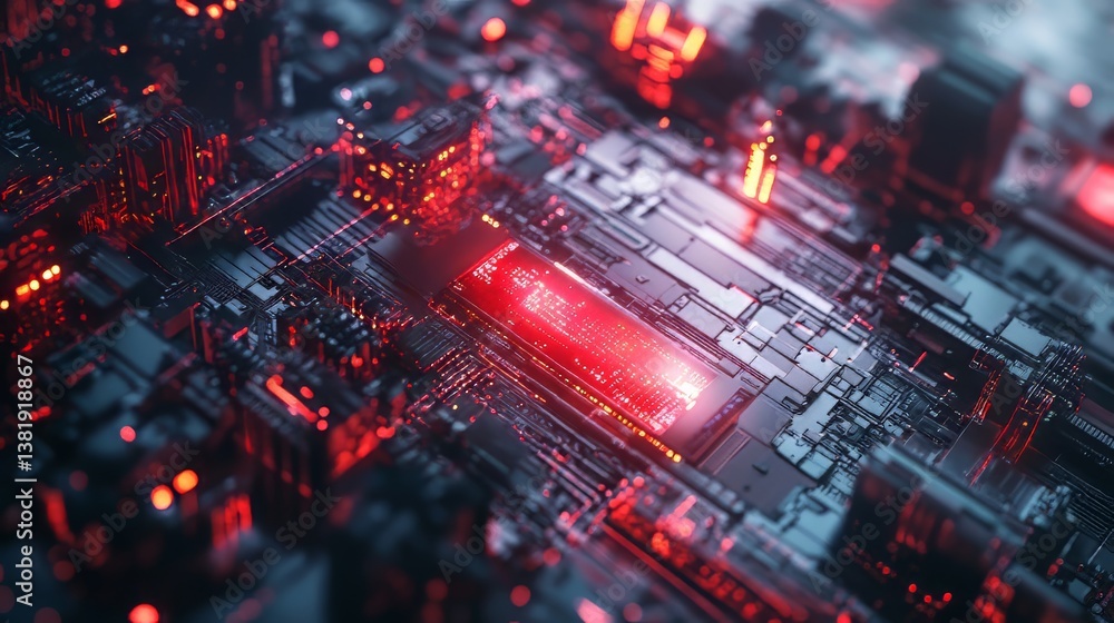 Poster futuristic technology motherboard circuit board with glowing red lights creating an abstract design.