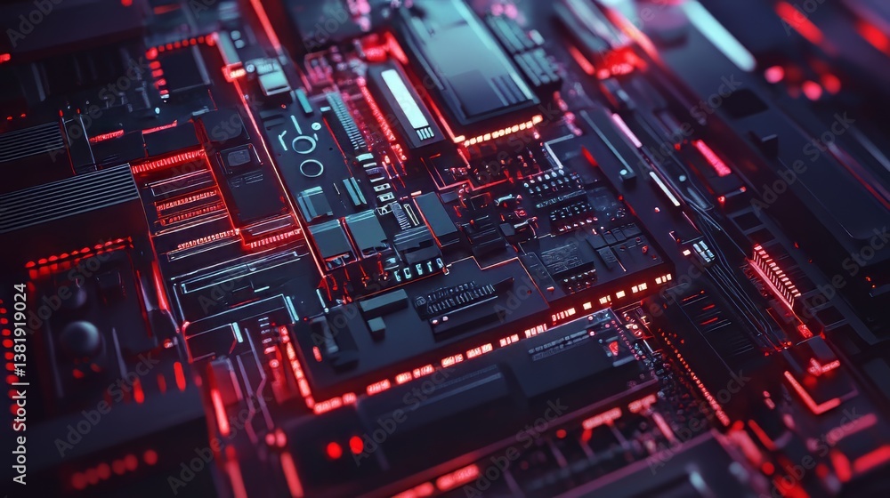 Poster a dark close-up of a modern circuit board with bright red accents creating a futuristic abstract des