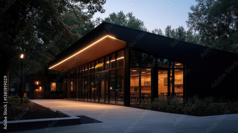 Poster exterior night shot of a modern building with large windows illuminated interior and surrounding tre