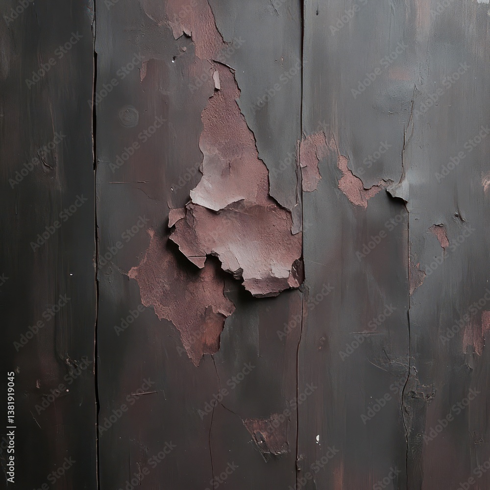Aufkleber weathered wooden surface with peeling paint revealing a textured rust-colored layer beneath. vertica