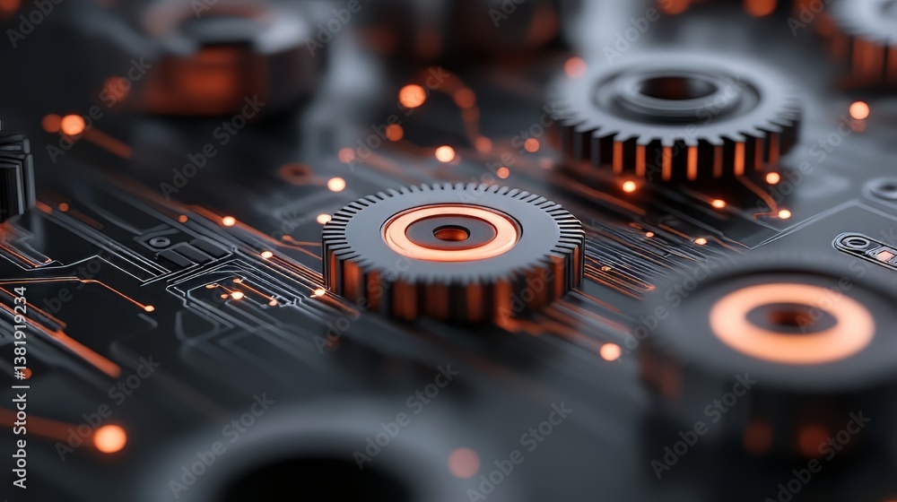 Poster high-tech circuitry: interconnected gears and glowing signals convey technology and connectivity.