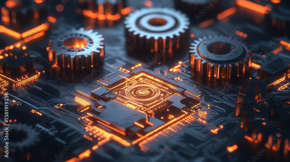 Poster mechanical gears and circuitry: a fusion of old and new technology. interconnected, complex and lumi