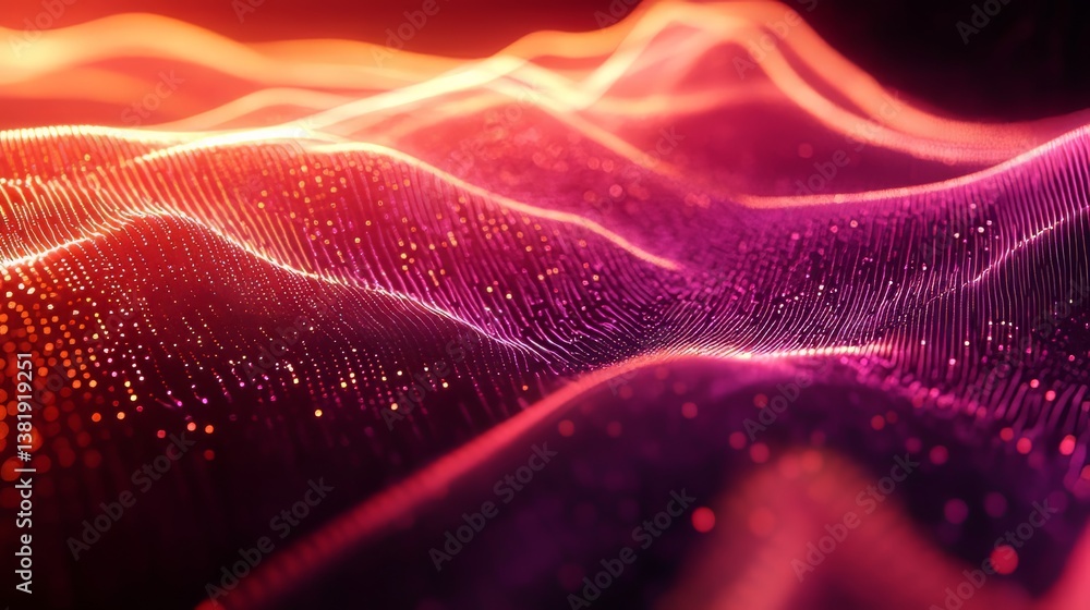 Poster abstract glowing red and purple waves of digital particles create a dynamic and visually striking pa