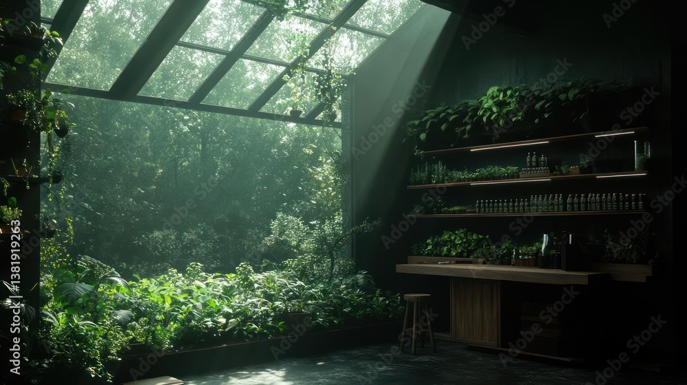 Poster Sunlight streams through lush greenery in a modern interior space with shelves of plants and a bar setting creating a tranquil and inviting atmosphere